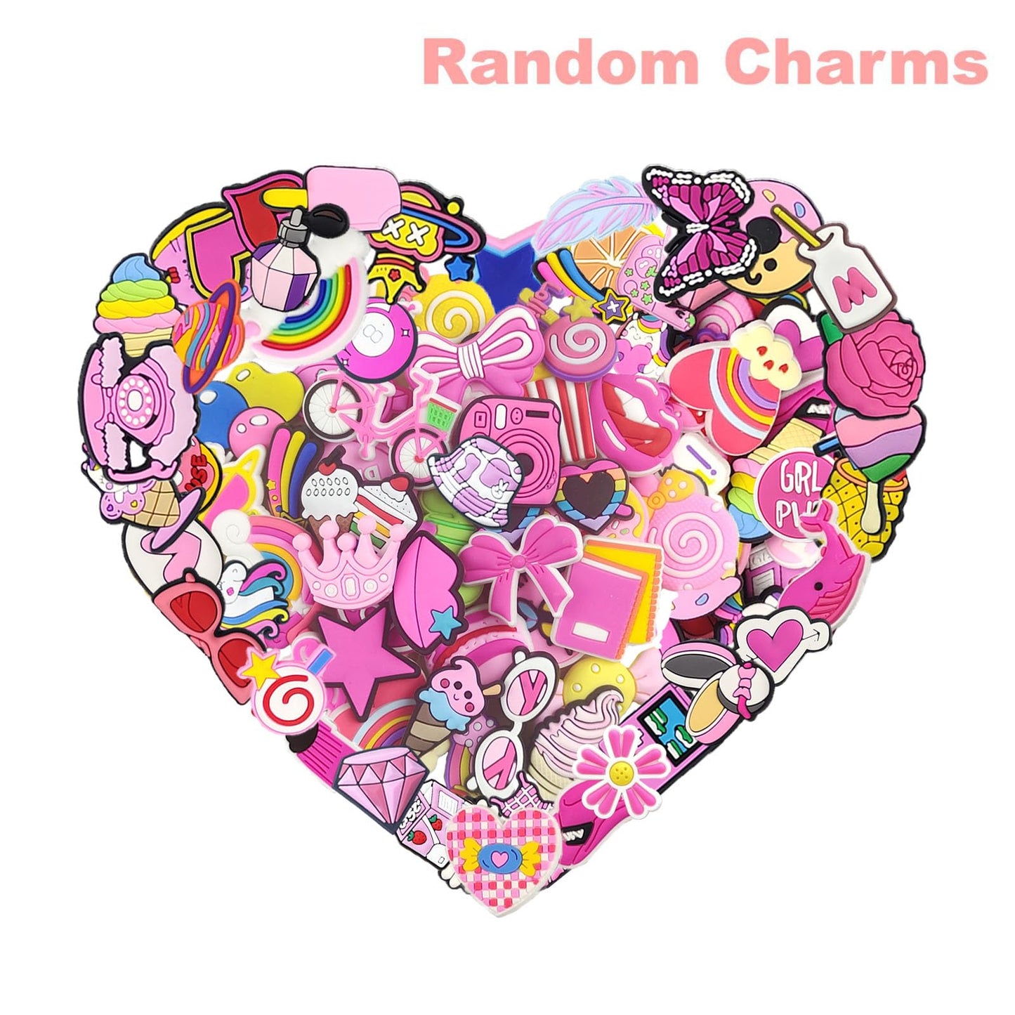 XQUESTION 35,50,100Pcs Random Shoe Charms for Girls Cartoon Cute PVC Shoes Accessories Charms,Lovely Charms Pack for Kids,Kawaii Pink Charms Shoe Decorations & Bracelet Wristband Party Gifts
