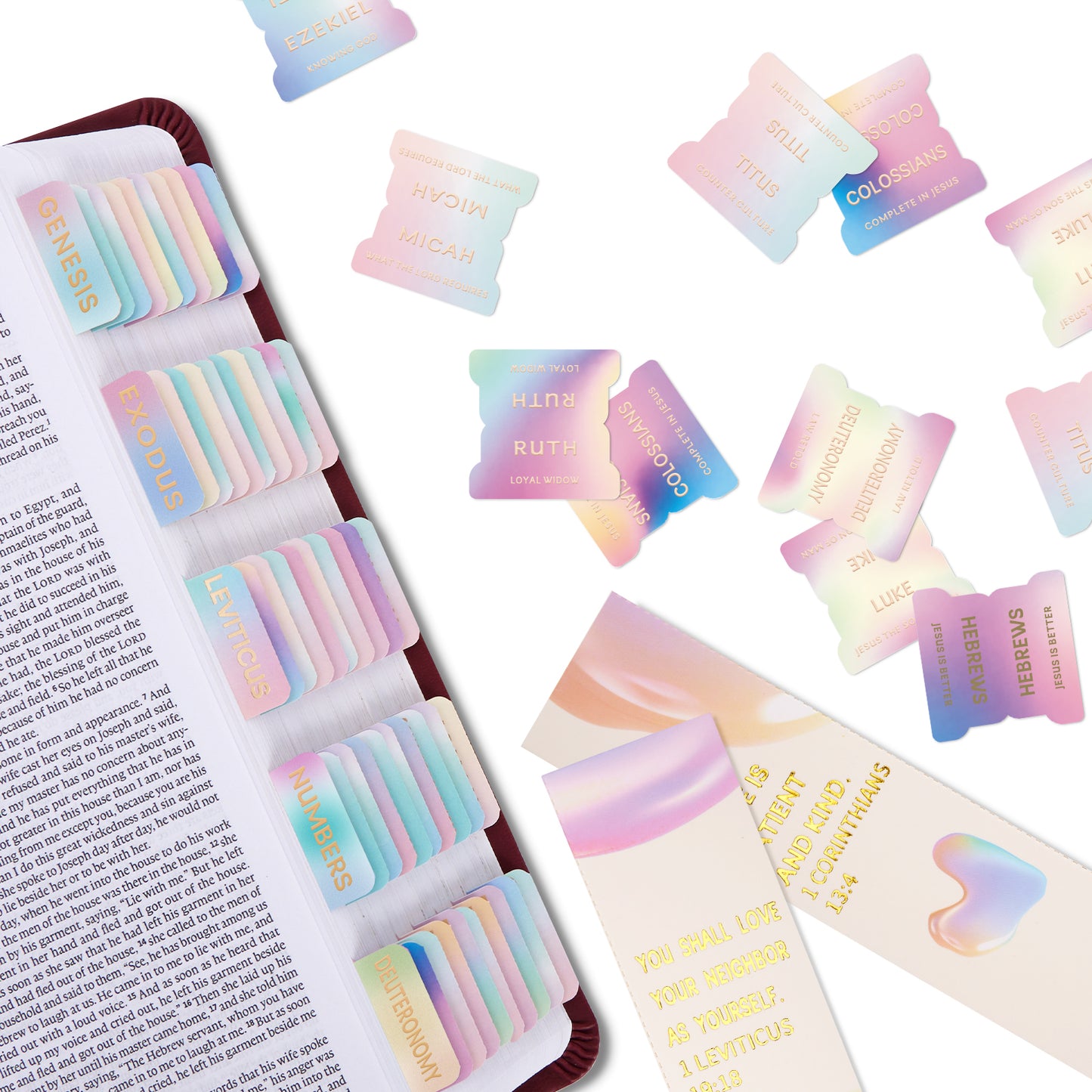 Rainbow Gold Foil Lettering Bible Tabs,Gradient Color Bible Index Tabs with Gilded Cover,75 Tabs Bible Study Supplies,Tabs with Chapter Titles and Summaries,Waterproof Laminated Tabs (Rainbow)