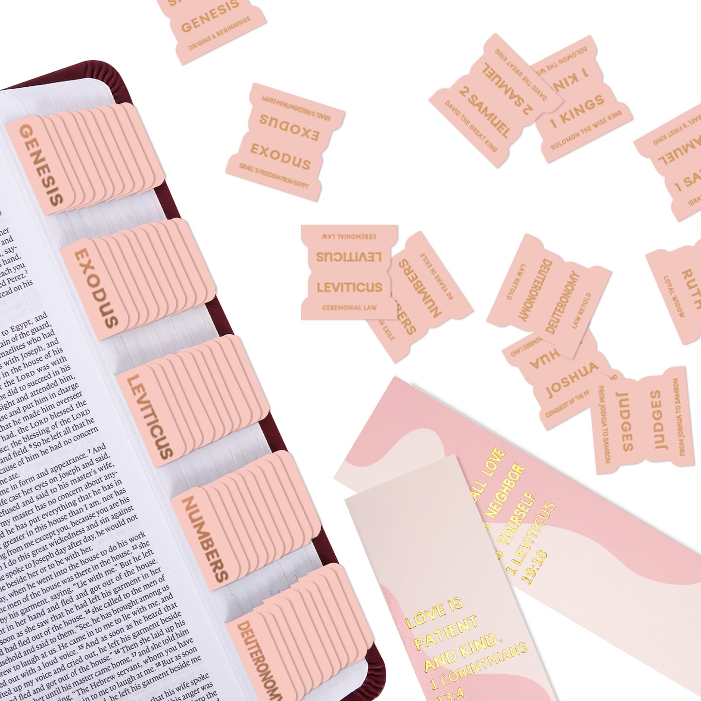 Light Peach Pink Gold Foil Lettering Bible Tabs, Bible Index Tabs with Gilded Cover,75 Tabs Bible Study Supplies,Tabs with Chapter Titles and Summaries,Waterproof Laminated Tabs (Light Peach Pink)