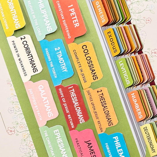 XQUESTION Bible Tabs with Delicate Cover, 75 Tabs with Chapter Titles and Summaries, Christian-Themed Stickers,Waterproof Laminated Bible Tabs,Bible Index Tabs,Bible Study Supplies(A-Boho)