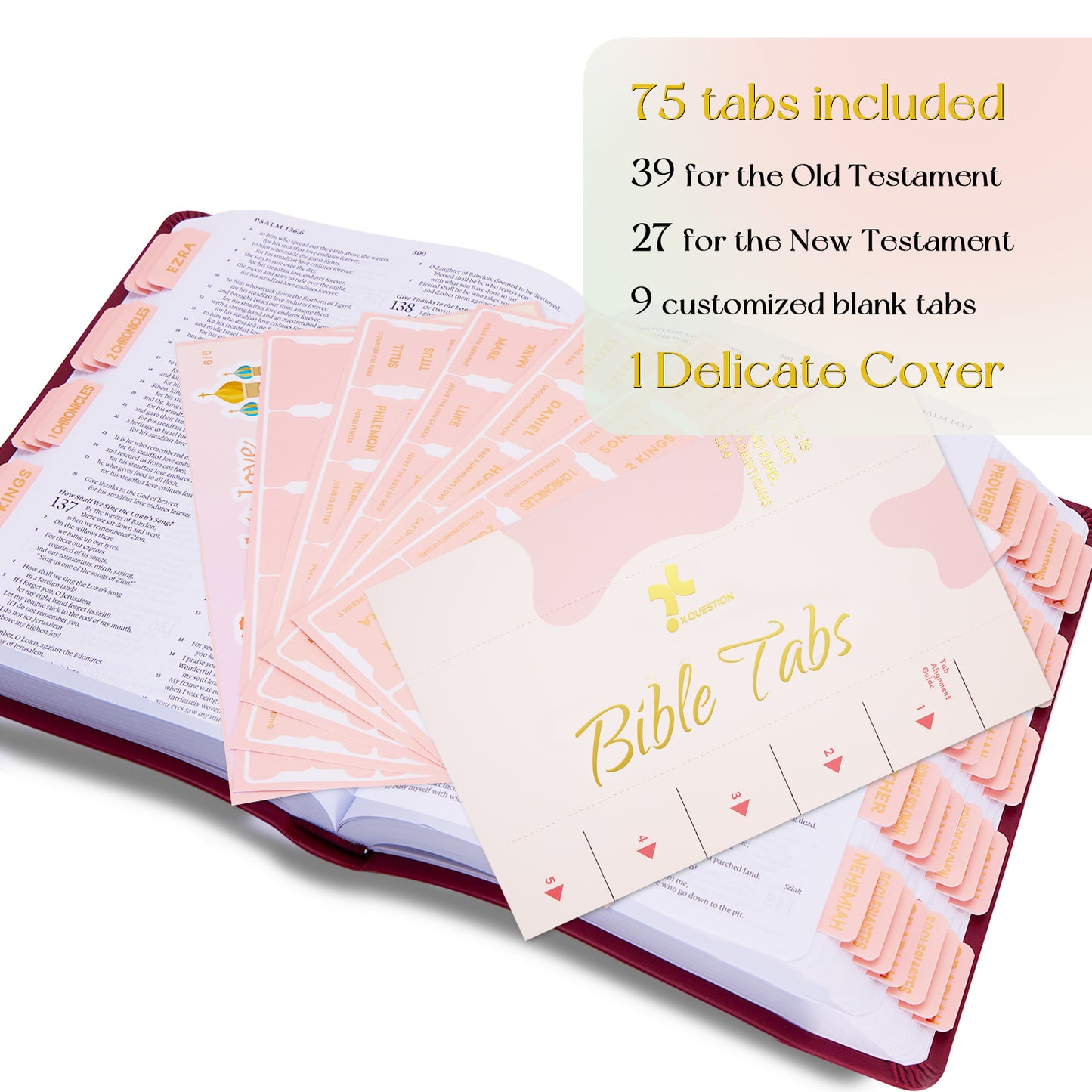 Light Peach Pink Gold Foil Lettering Bible Tabs, Bible Index Tabs with Gilded Cover,75 Tabs Bible Study Supplies,Tabs with Chapter Titles and Summaries,Waterproof Laminated Tabs (Light Peach Pink)