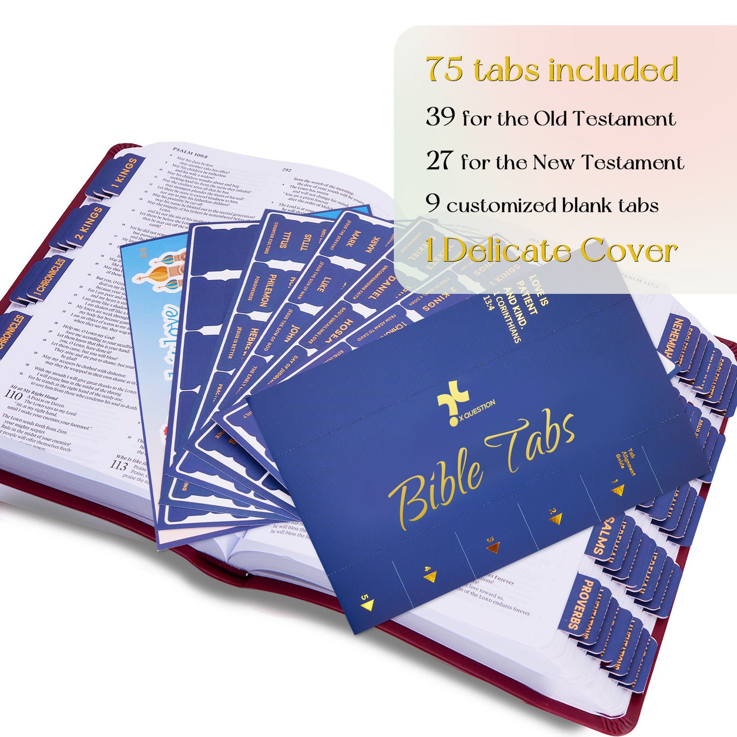 Navy Blue Gold Foil Lettering Bible Tabs, Bible Index Tabs with Gilded Cover,75 Tabs Bible Study Supplies,Tabs with Chapter Titles and Summaries,Waterproof Laminated Tabs (Navy Blue)