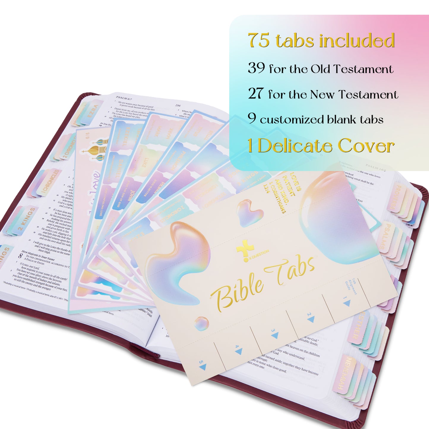 Rainbow Gold Foil Lettering Bible Tabs,Gradient Color Bible Index Tabs with Gilded Cover,75 Tabs Bible Study Supplies,Tabs with Chapter Titles and Summaries,Waterproof Laminated Tabs (Rainbow)