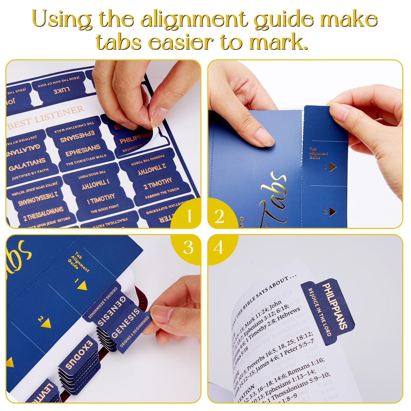 Navy Blue Gold Foil Lettering Bible Tabs, Bible Index Tabs with Gilded Cover,75 Tabs Bible Study Supplies,Tabs with Chapter Titles and Summaries,Waterproof Laminated Tabs (Navy Blue)