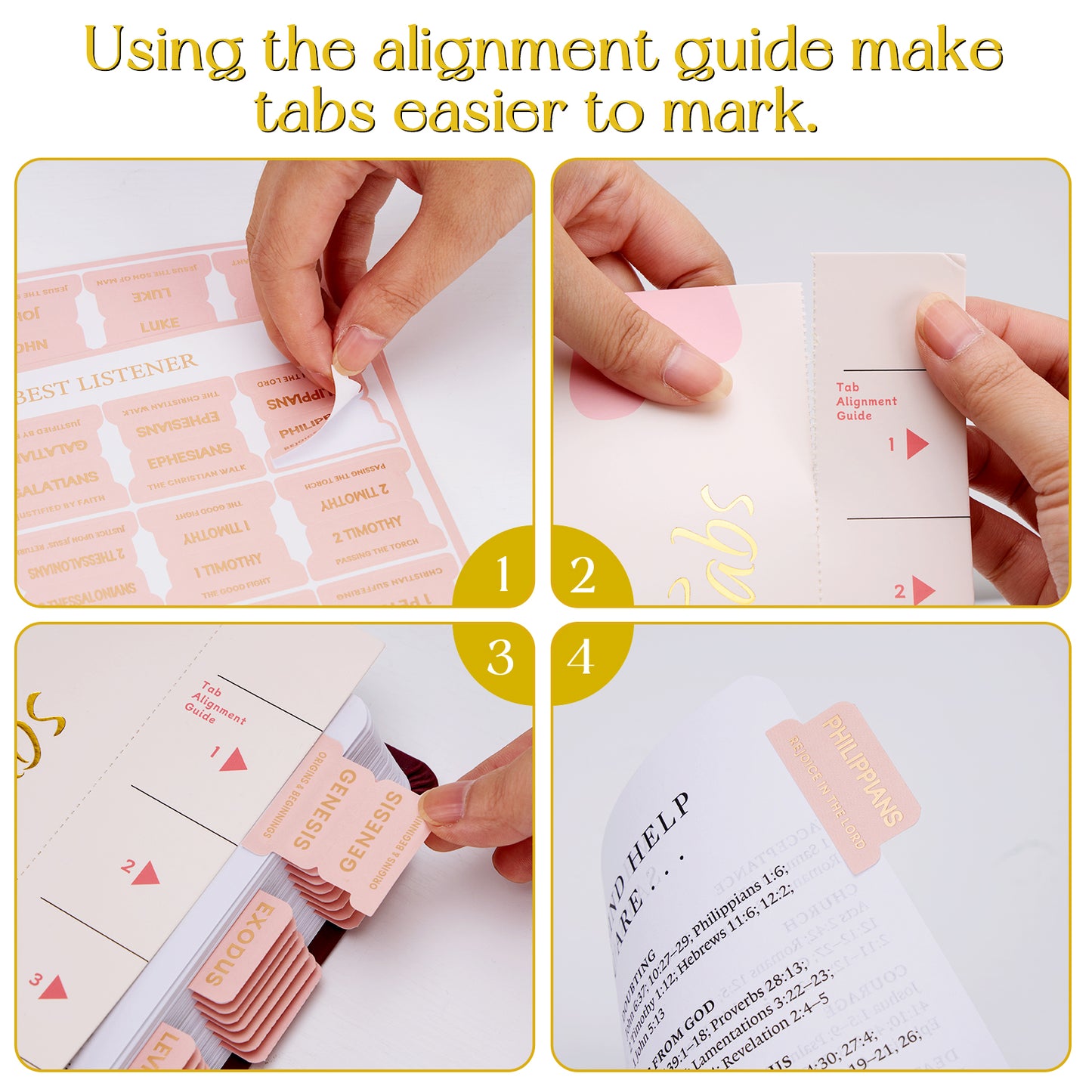 Light Peach Pink Gold Foil Lettering Bible Tabs, Bible Index Tabs with Gilded Cover,75 Tabs Bible Study Supplies,Tabs with Chapter Titles and Summaries,Waterproof Laminated Tabs (Light Peach Pink)