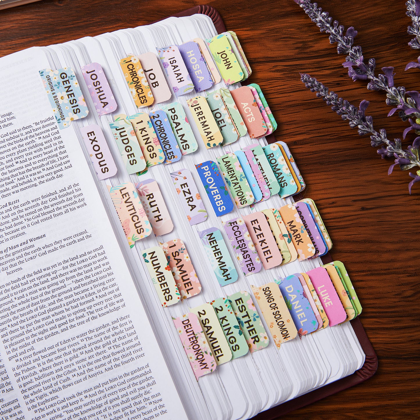 Floral Bible Tabs for Women, Bible Index Tabs Booklet, 66 Tabs with Chapter Titles and Summaries, Alignment Guide, Petal Beauty Tabs, Waterproof Laminated Bible Study Gifts Supplies