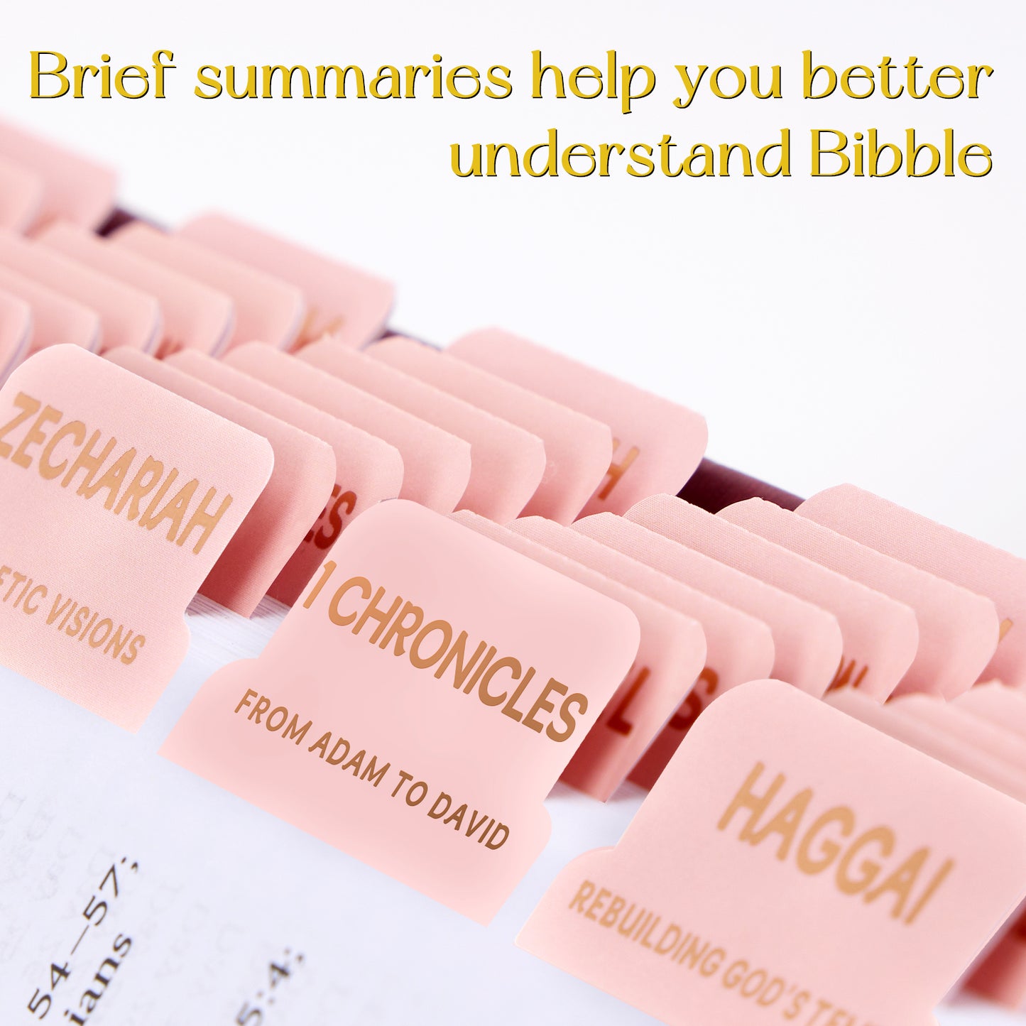 Light Peach Pink Gold Foil Lettering Bible Tabs, Bible Index Tabs with Gilded Cover,75 Tabs Bible Study Supplies,Tabs with Chapter Titles and Summaries,Waterproof Laminated Tabs (Light Peach Pink)