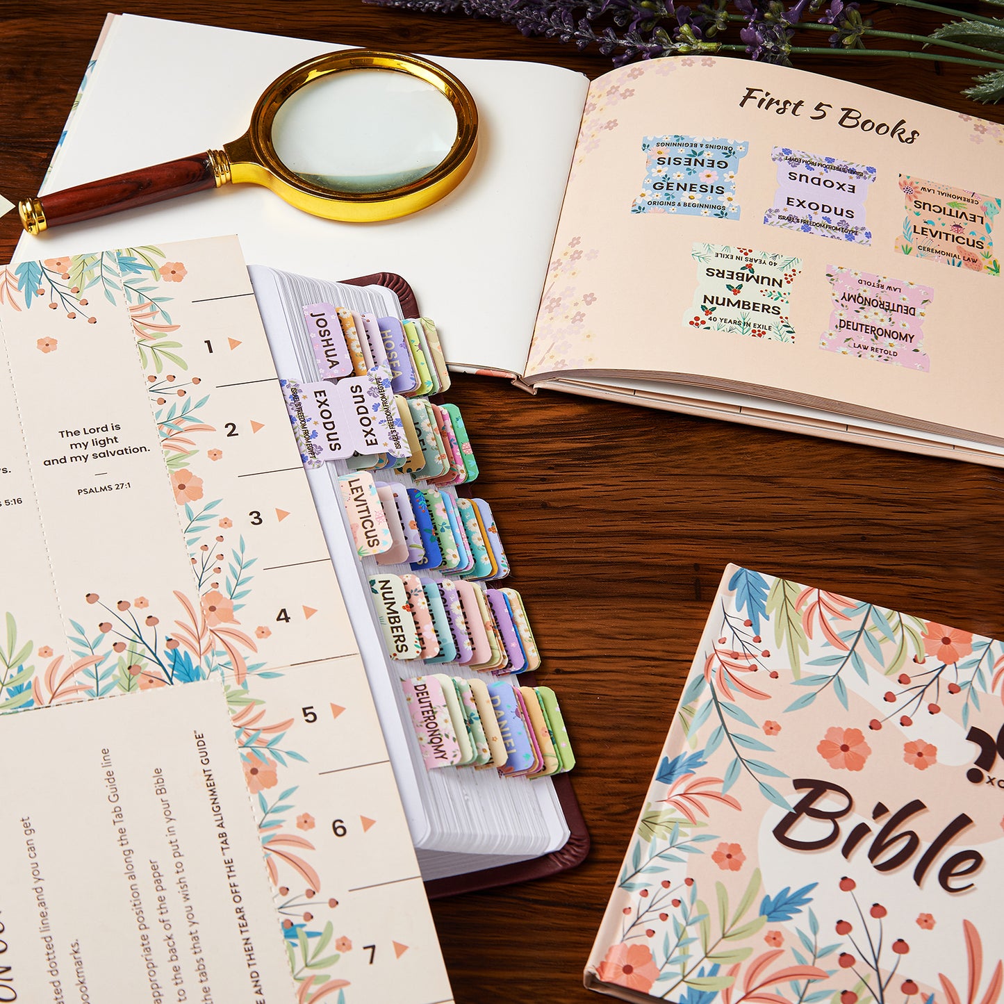 Floral Bible Tabs for Women, Bible Index Tabs Booklet, 66 Tabs with Chapter Titles and Summaries, Alignment Guide, Petal Beauty Tabs, Waterproof Laminated Bible Study Gifts Supplies