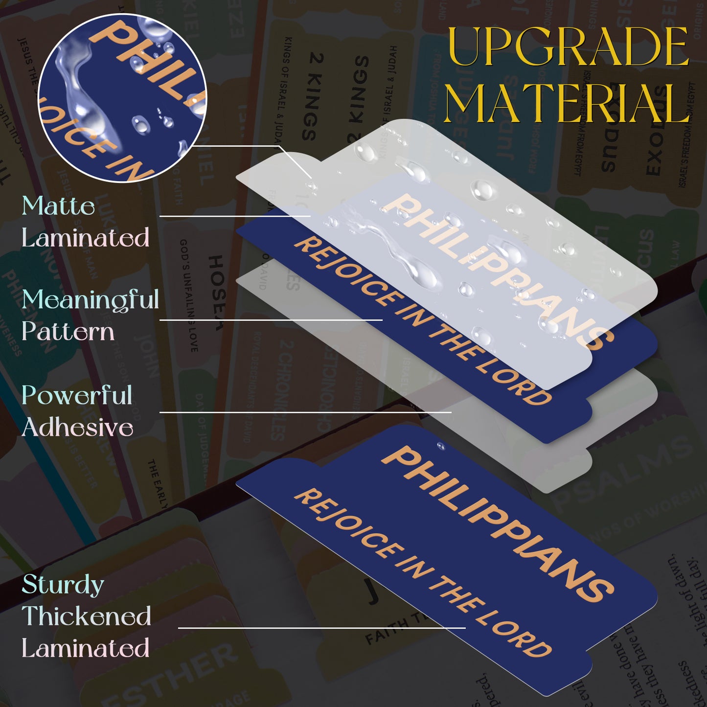 Navy Blue Gold Foil Lettering Bible Tabs, Bible Index Tabs with Gilded Cover,75 Tabs Bible Study Supplies,Tabs with Chapter Titles and Summaries,Waterproof Laminated Tabs (Navy Blue)