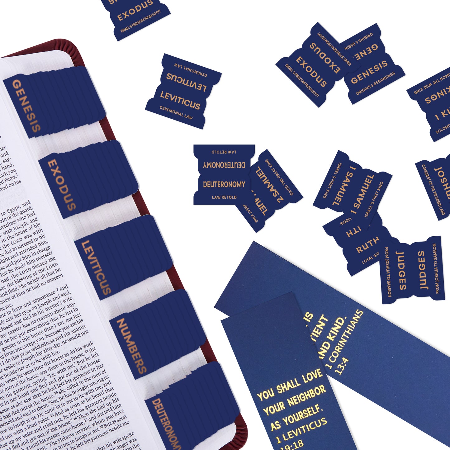 Navy Blue Gold Foil Lettering Bible Tabs, Bible Index Tabs with Gilded Cover,75 Tabs Bible Study Supplies,Tabs with Chapter Titles and Summaries,Waterproof Laminated Tabs (Navy Blue)