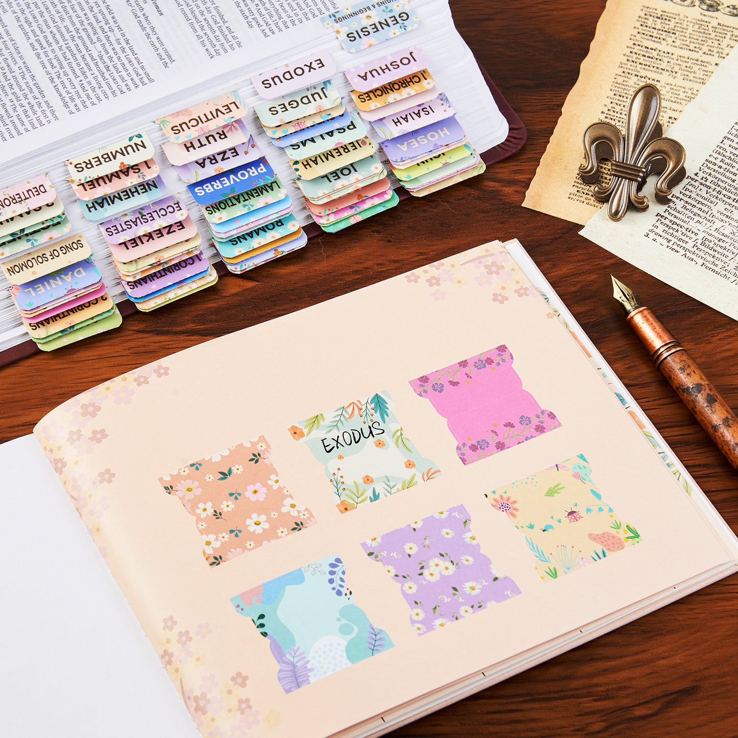 Floral Bible Tabs for Women, Bible Index Tabs Booklet, 66 Tabs with Chapter Titles and Summaries, Alignment Guide, Petal Beauty Tabs, Waterproof Laminated Bible Study Gifts Supplies